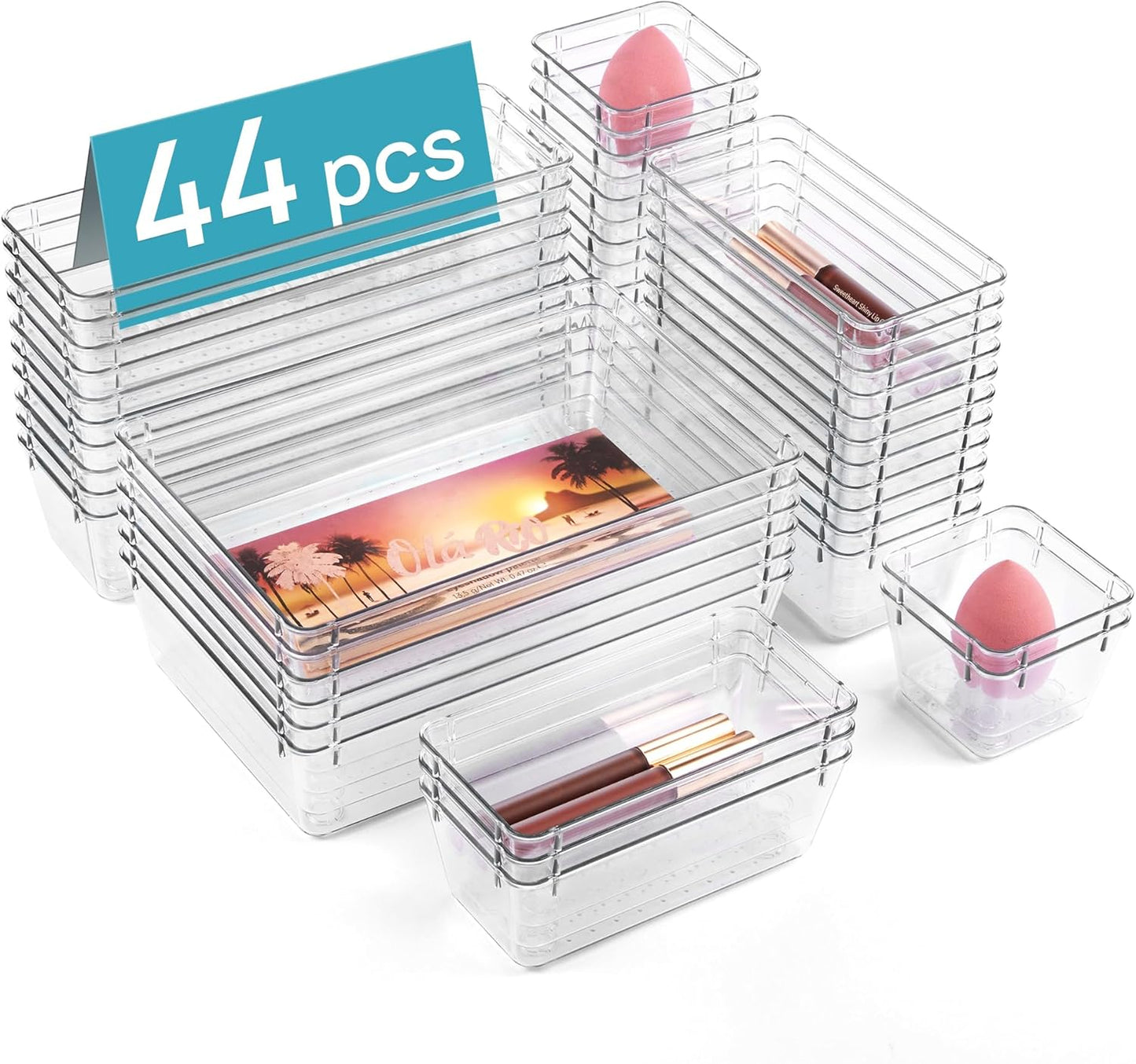 44 PCS Clear Plastic Drawer Organizers Set, 4-Size Versatile Bathroom and Vanity Organizer Trays, Non-Slip Storage Containers for Makeup, Jewelries, Bedroom,Kitchen Utensils and Office