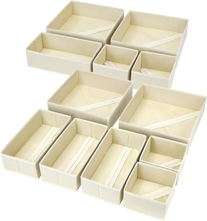 Drawer Organizer Clothes, 12 Pack Dresser Organizer, Foldable Closet Organizers and Storage, Fabric Dresser Bins, Drawer Dividers for Nursery, Baby Clothes, Underwears, Sock (Beige)