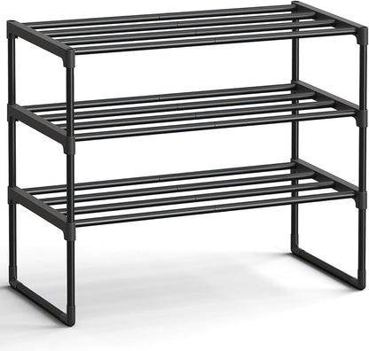 SONGMICS Shoe Rack, 3-Tier Shoe Organizer, Metal Storage Shelf, Upright or Upside Down, for 16-20 Pairs, Stackable, for Entryway, 11.8 x 36.2 x 21.7 Inches, Black ULSA303B02