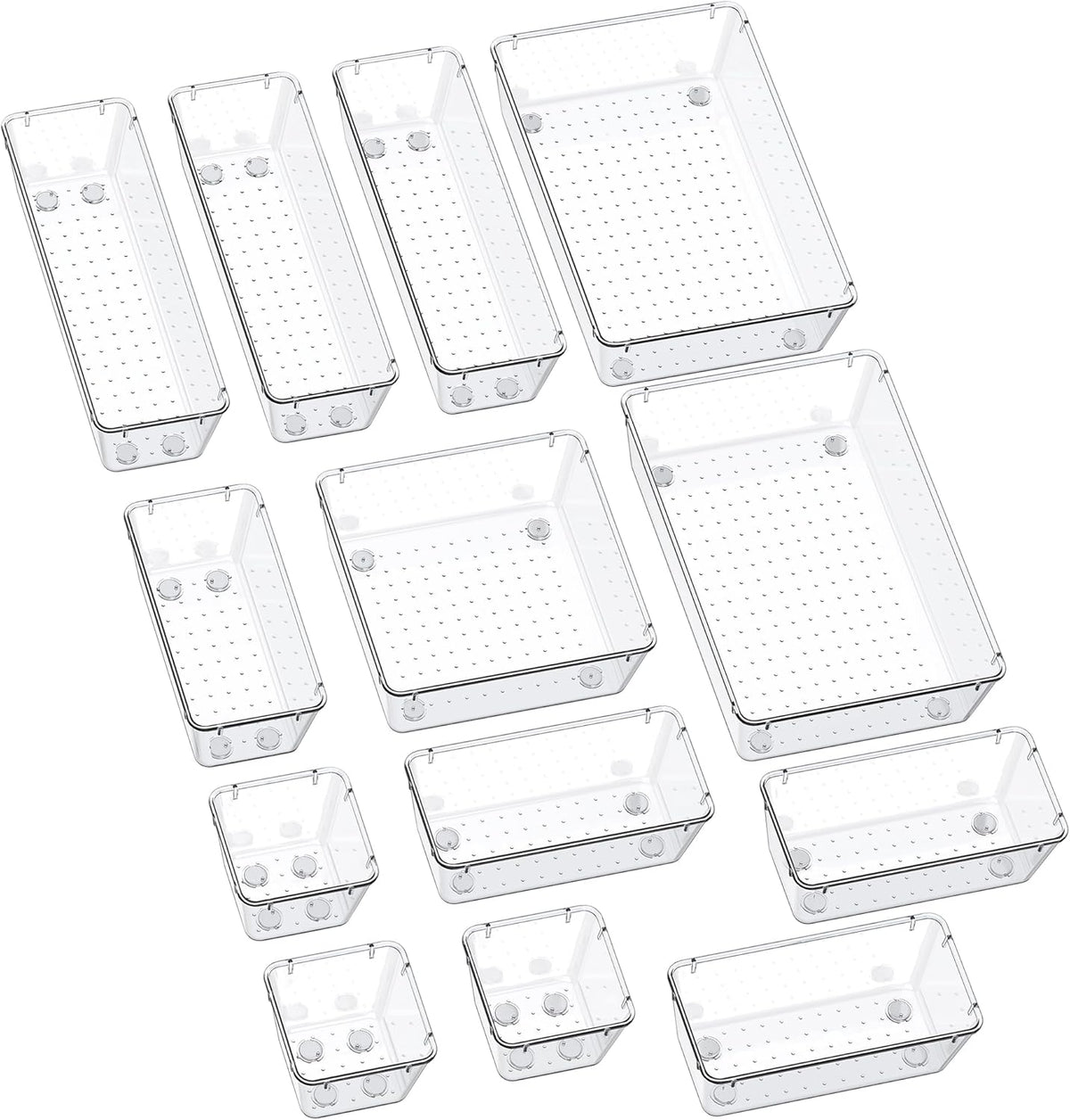 13-Piece Drawer Organizers with Non-Slip Silicone Pads, 5-Size Desk Bathroom Drawer Organizer Trays Storage Tray for Makeup, Jewelries, Utensils in Bedroom Dresser, Office and Kitchen, Clear